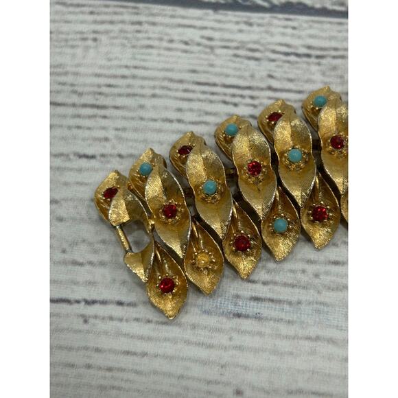 Vintage French Gold Plated Bracelet Turquoise Beads & Garnet Foldover Clasp - Picture 6 of 10